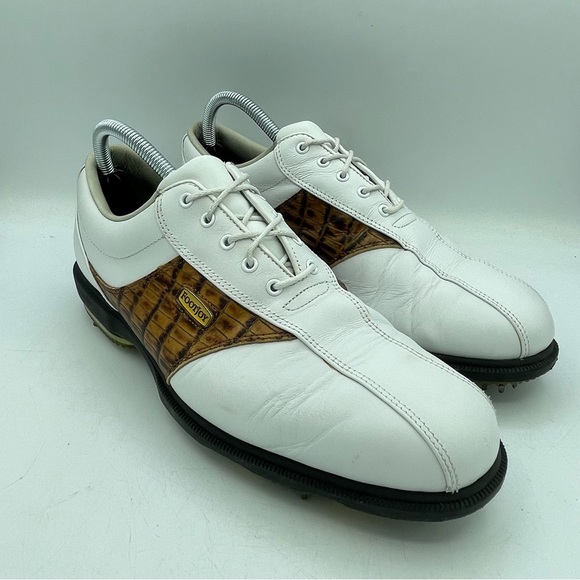 Footjoy DRYJOYS Men's 9 Croc Golf Cleats SoftSpikes 53570 White Leather OptiFlex - Picture 2 of 13